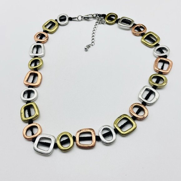 Open Square Necklace Black Suede Cord Mixed Metal Tones Modernist Classic Career - Picture 2 of 9